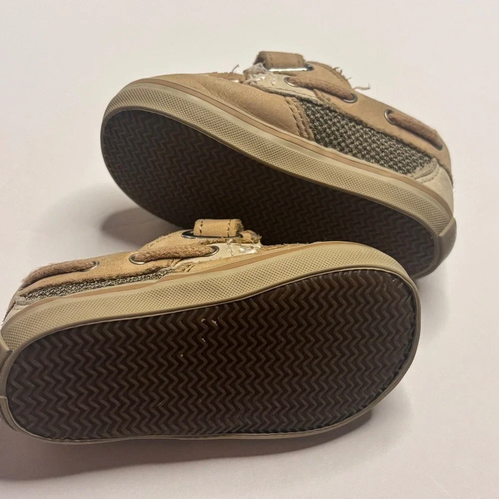 Sperry Top-Sider Kids Tan Leather Mesh Boat Shoes Hook Loop Loafers Toddler 4